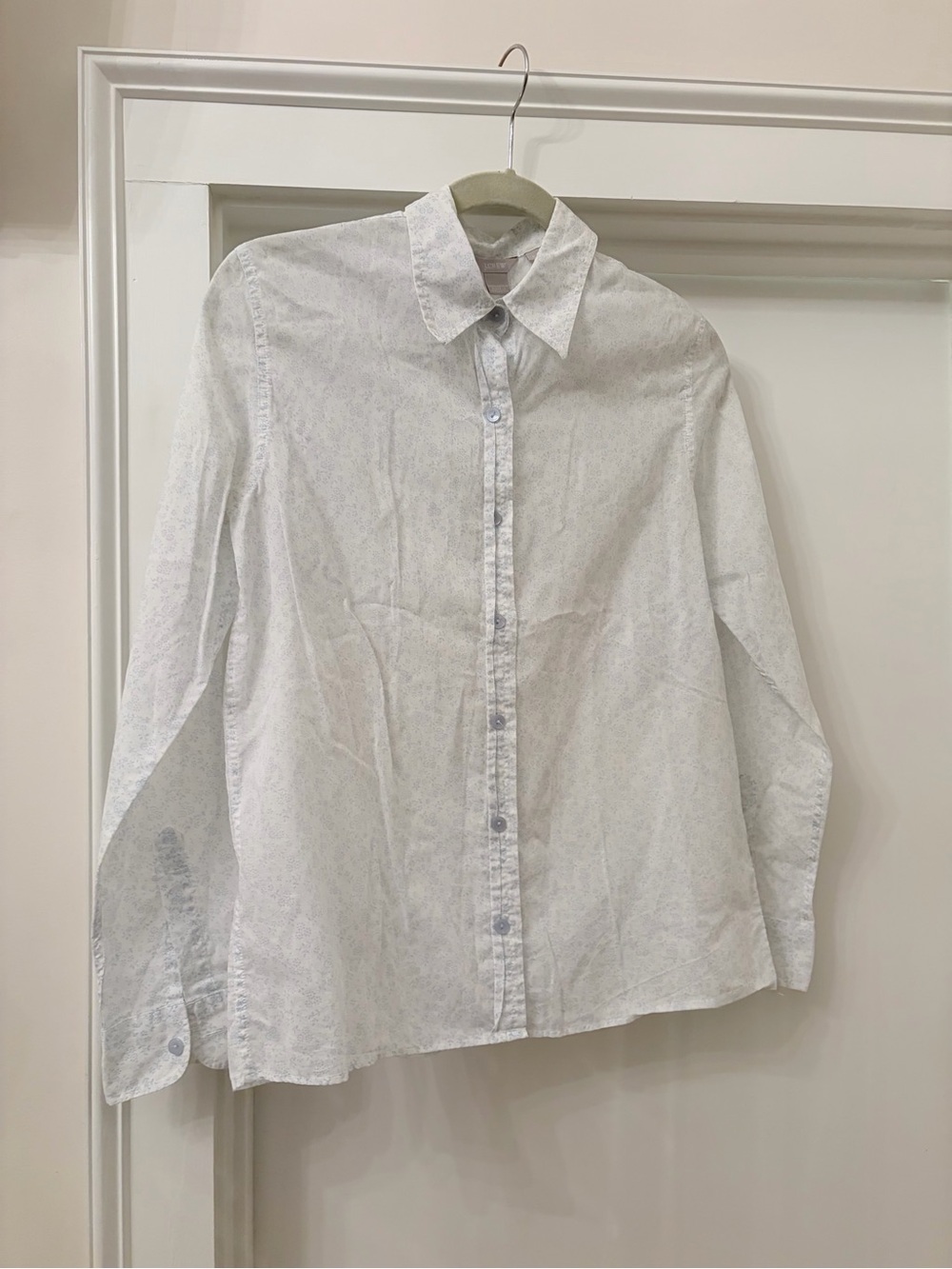 Vintage J.Crew semi sheer white blue button up, 90s, women’s S